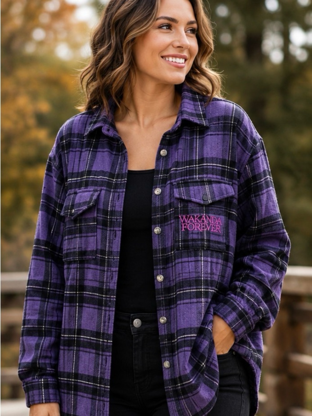 Marvel Black Panther Wakanda Forever Purple Plaid Shacket XXL